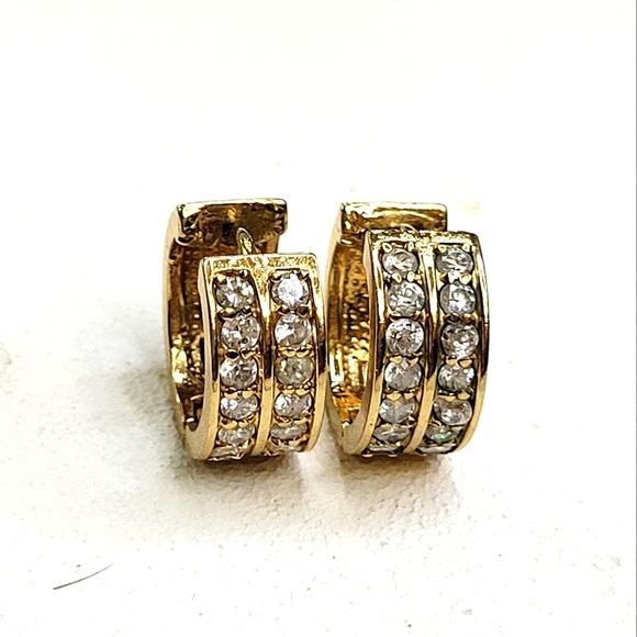 Estate Gold plated Pavé  CZ Diamonds - 14 each Mini Hoop Earrings (Stamped) - Picture 1 of 9